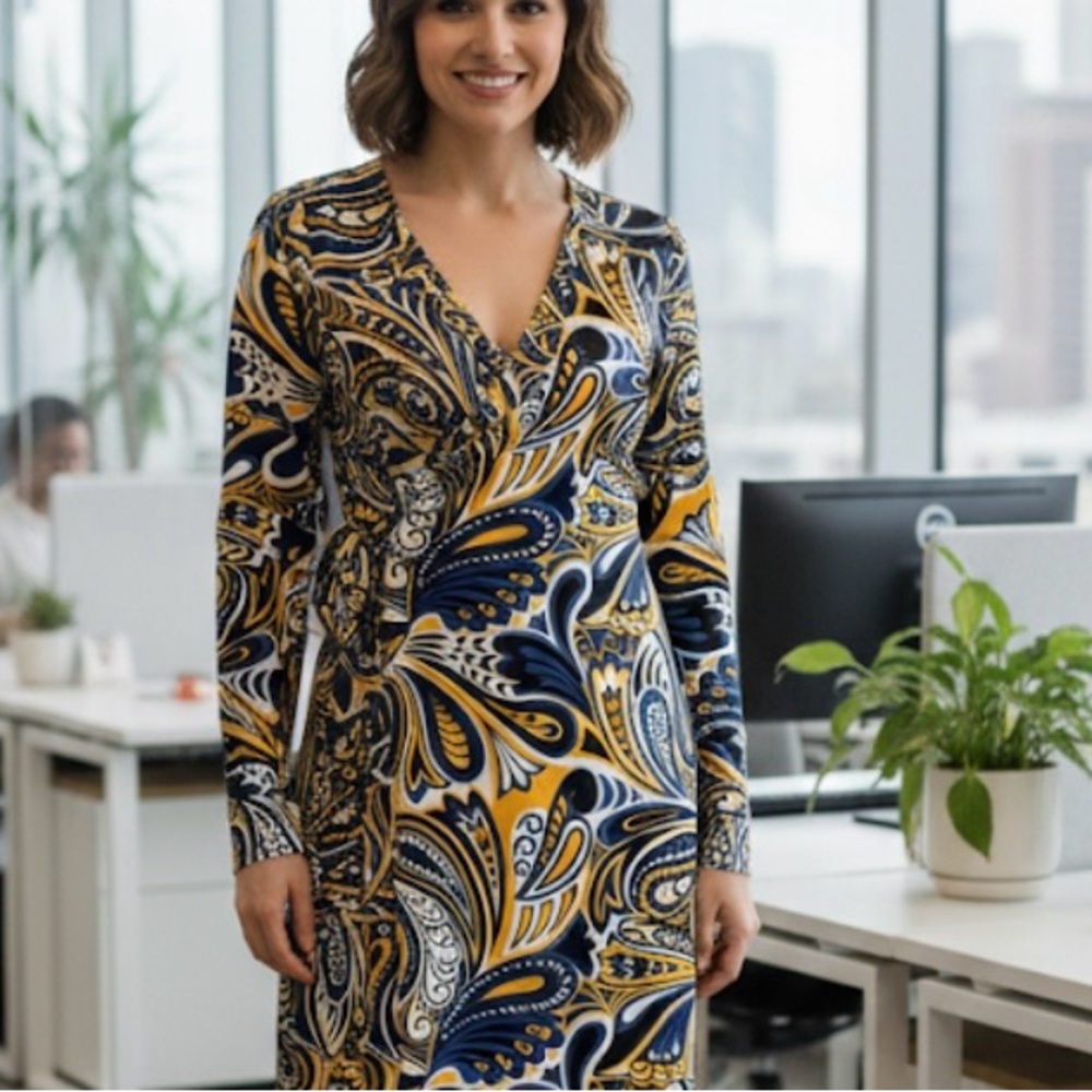 ANNE KLINE POWER  DRESS.LONG SLEEVE, V NECK, WRAP, MIDI LENGTH. NEW WITH OUT TAG
